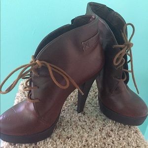 Brown Lace Up High Heeled Ankle Bootie